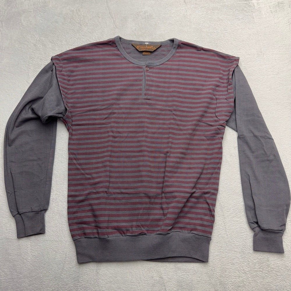 Huka-Poo Shirt Mens L Gray Maroon Striped Henley Long Sleeve Vintage Tapered Fit